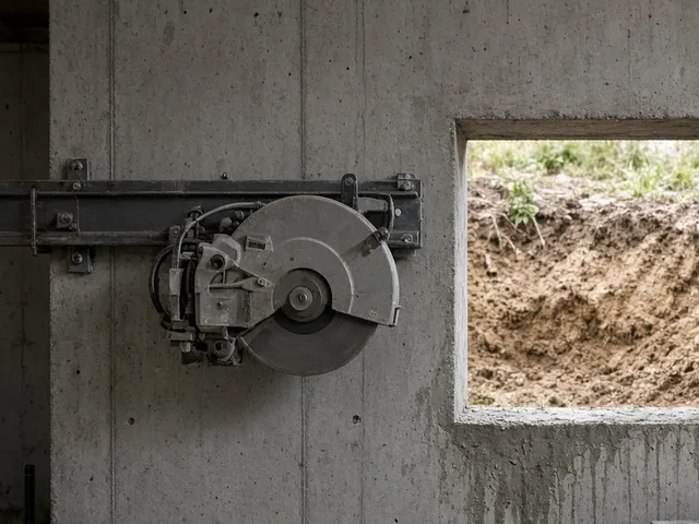 Saw-cut window opening in a concrete foundation wall with a rail-mounted wall saw