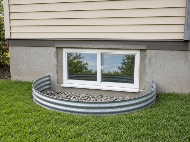 Egress window with a galvanized window well in a house foundation