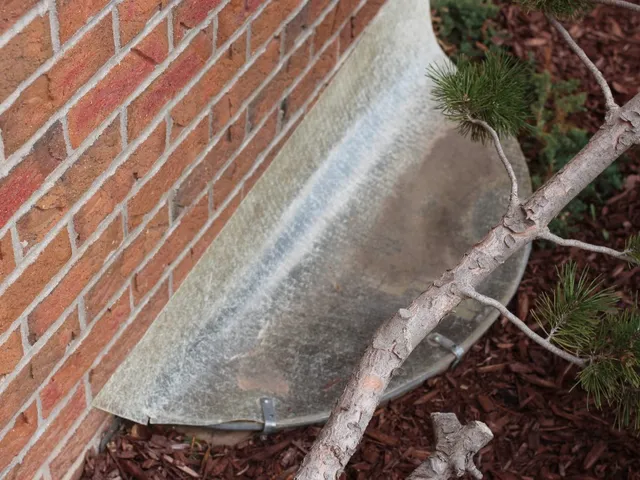 Clear dome cover over a basement window well beside a brick wall