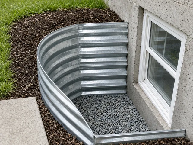 Tiered galvanized window well with gravel around a basement window